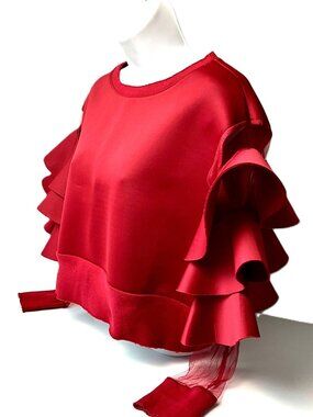 LOVE University Red Ruffle Sleeve Top Mesh Detail Size L